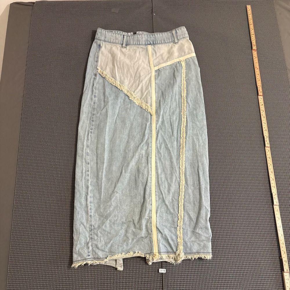BDG Margot Womens Patchwork Denim Maxi Skirt Raw Hem Back Slit Small